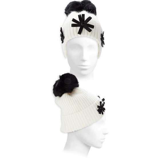 New - GLAMOURPUSS NYC Arctic Fox Fur Knit Beanie Hat White Black - Picture 2 of 3